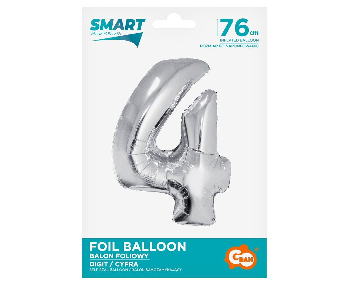 Foil balloon Smart, digit 4, silver, 76 cm