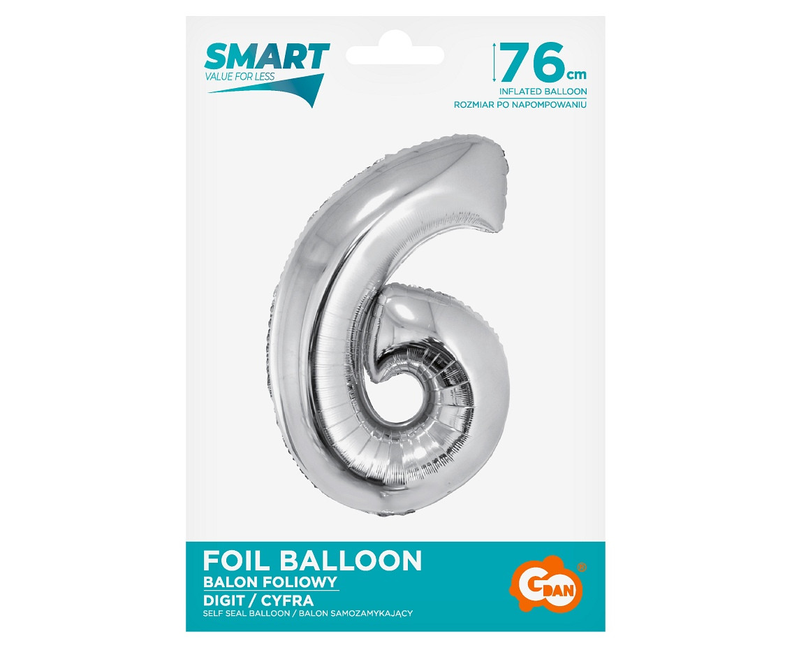 Foil balloon Smart, digit 6, silver, 76 cm