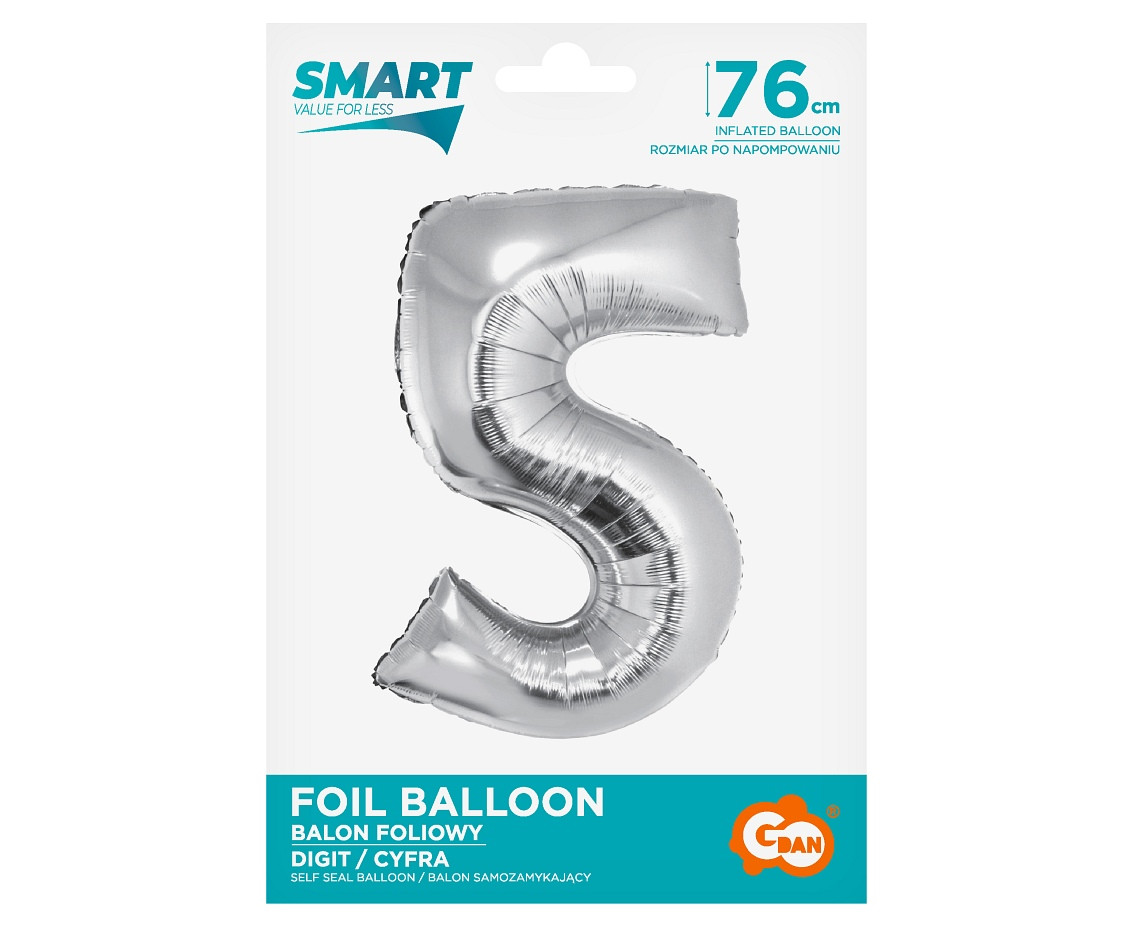 Foil balloon Smart, digit 5, silver, 76 cm