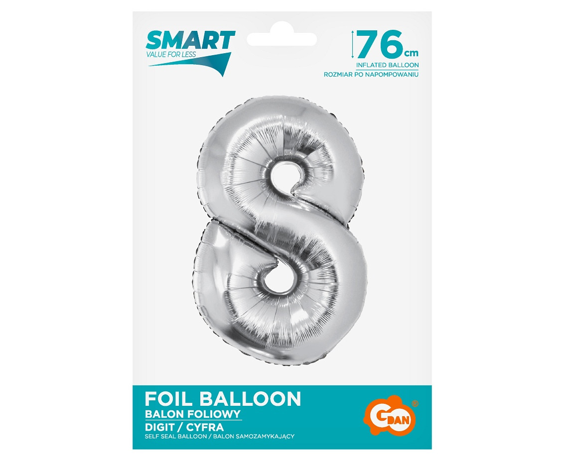 Foil balloon Smart, digit 8, silver, 76 cm