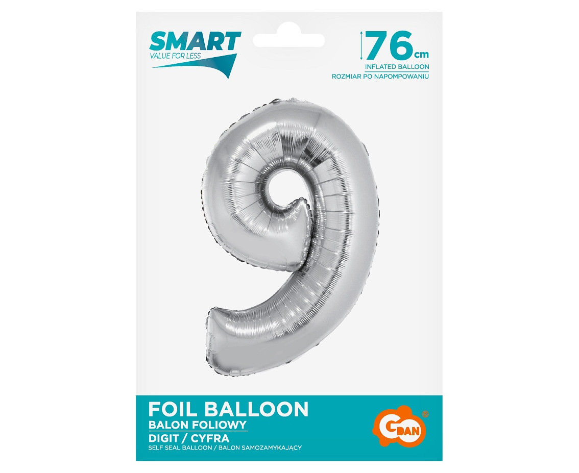 Foil balloon Smart, digit 9, silver, 76 cm