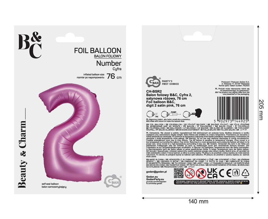 Foil balloon B&C, digit 2, satin pink, 76 cm EOL