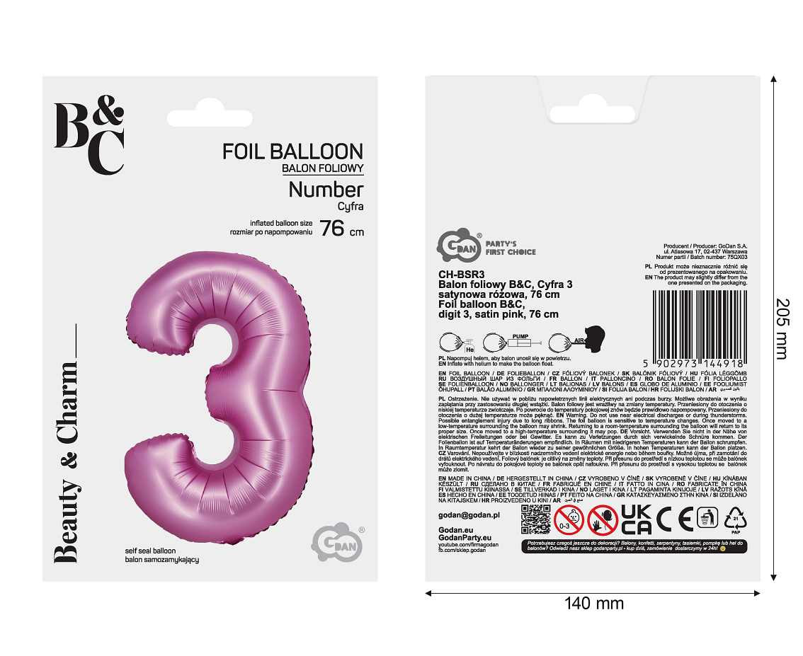 Foil balloon B&C, digit 3, satin pink, 76 cm EOL