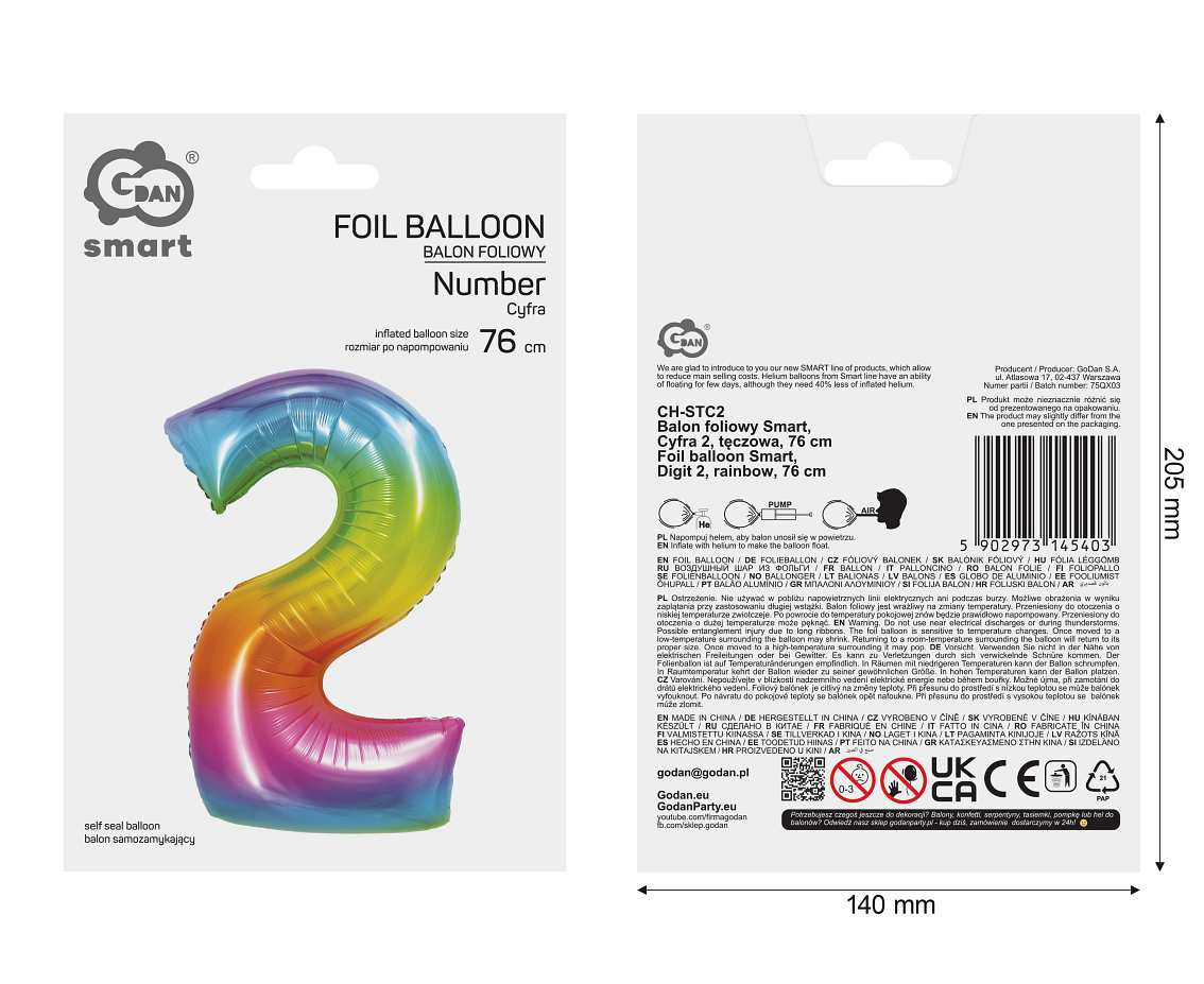 Foil balloon Smart,digit 2, rainbow, 76 cm
