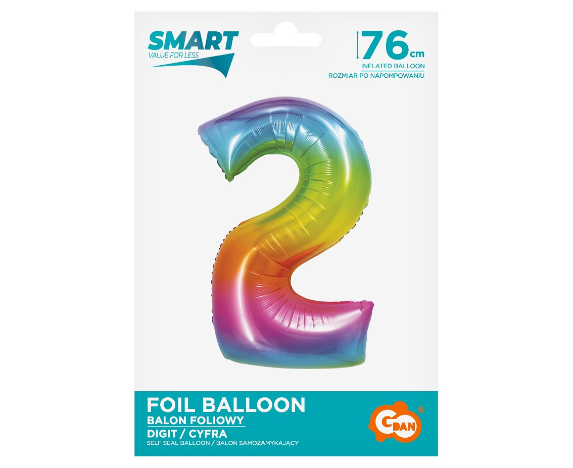 Foil balloon Smart,digit 2, rainbow, 76 cm