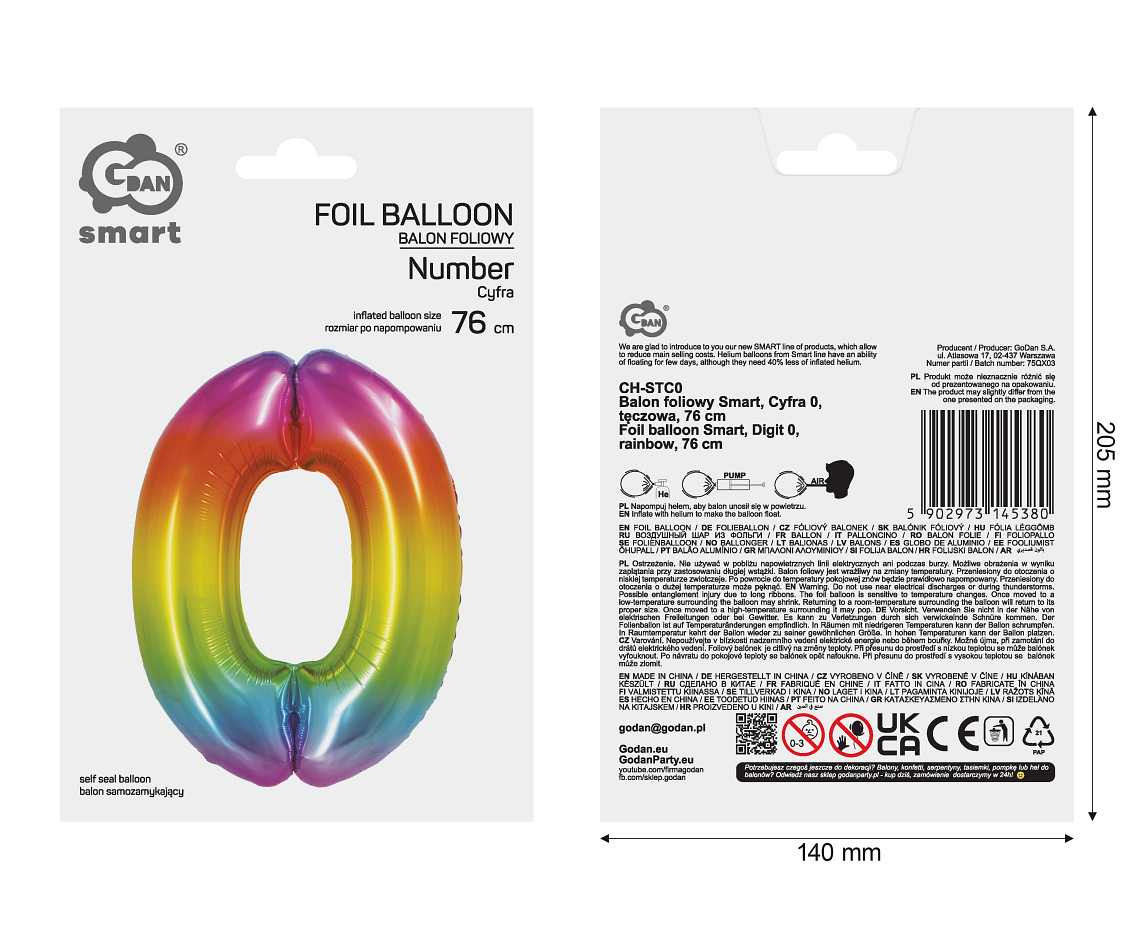 Foil balloon Smart, digit 0, rainbow, 76 cm