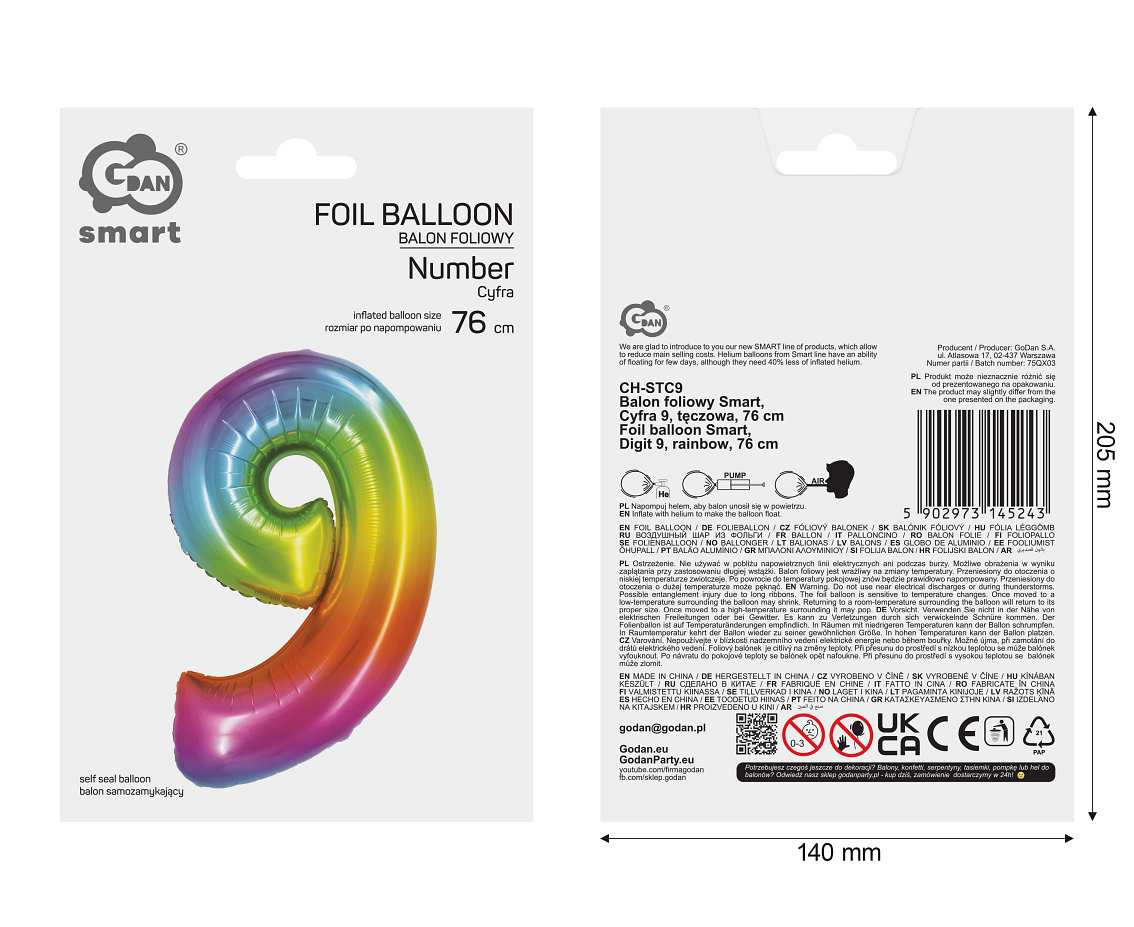 Foil balloon Smart, digit 9, rainbow, 76 cm