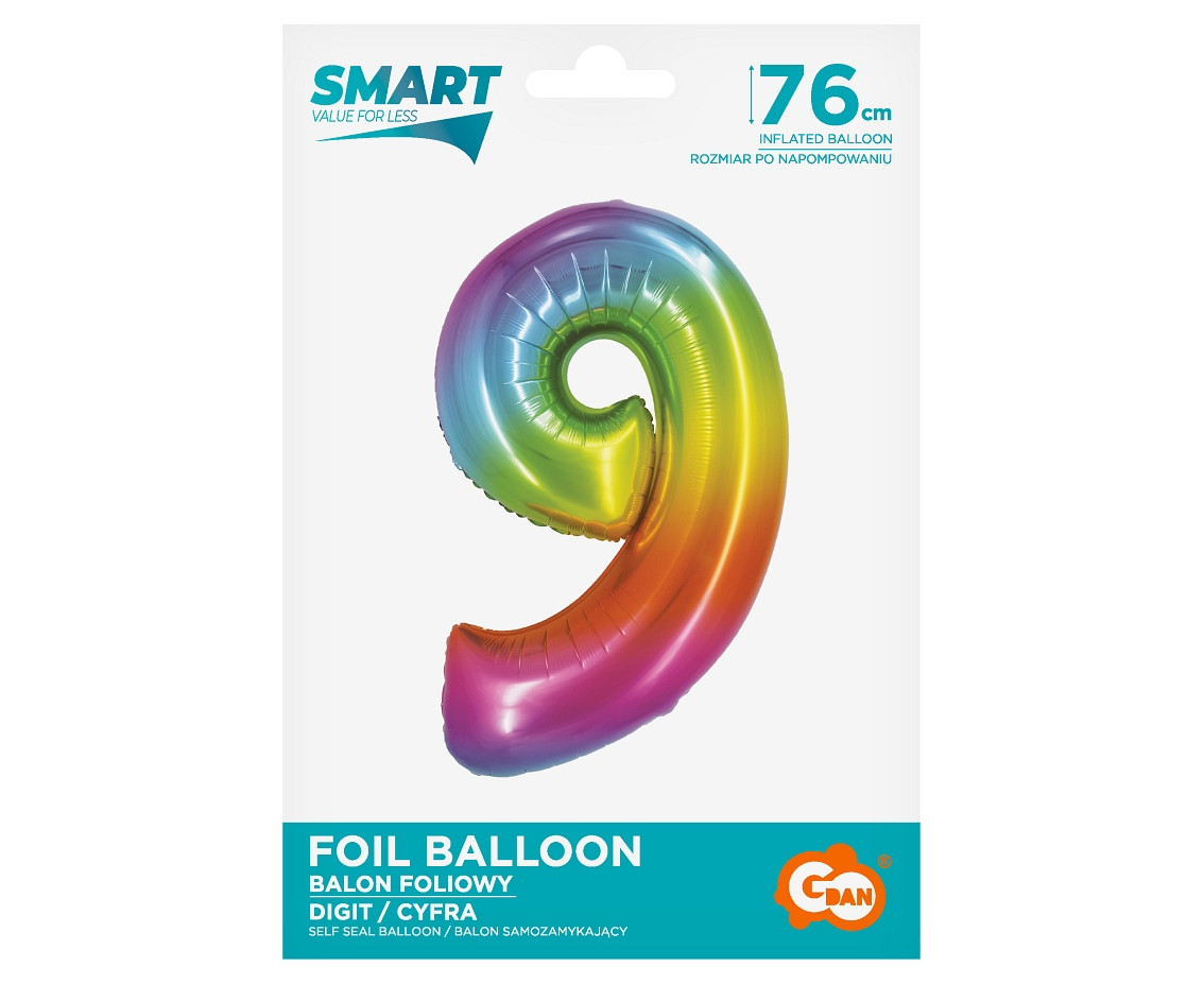 Foil balloon Smart, digit 9, rainbow, 76 cm