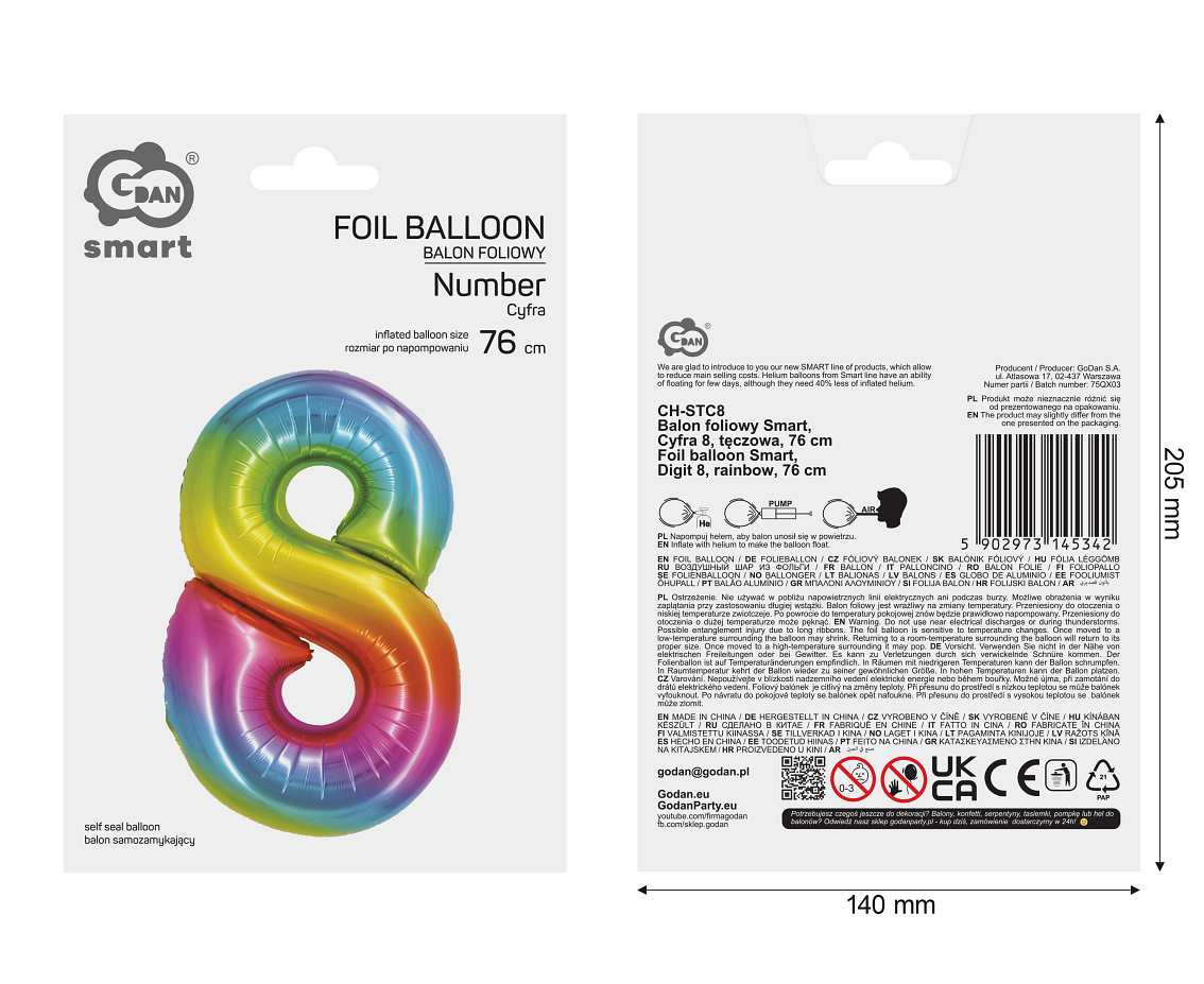Foil balloon Smart, digit 8, rainbow, 76 cm
