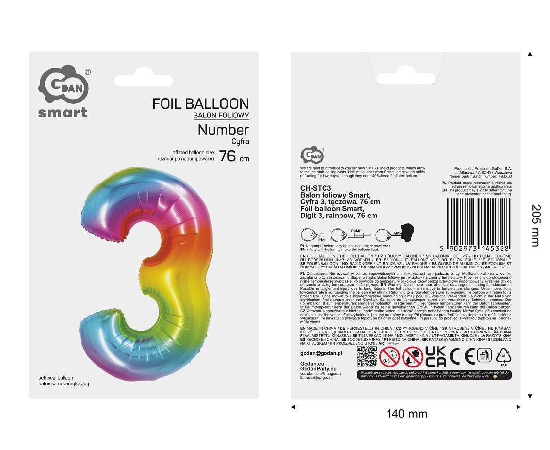 Foil balloon Smart,digit 3, rainbow, 76 cm