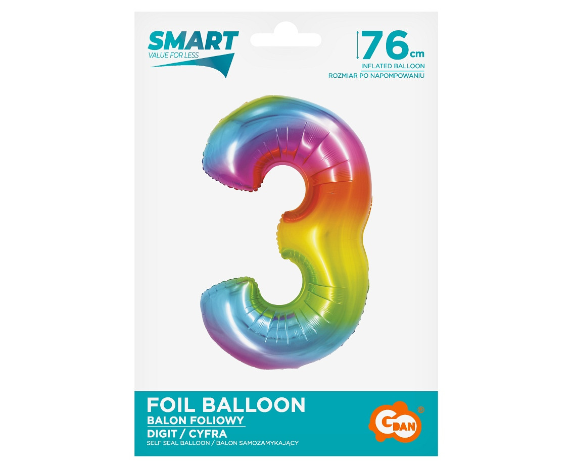 Foil balloon Smart,digit 3, rainbow, 76 cm