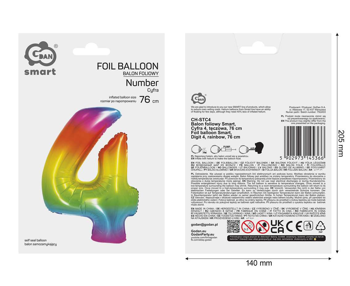Foil balloon Smart, digit 4, rainbow, 76 cm