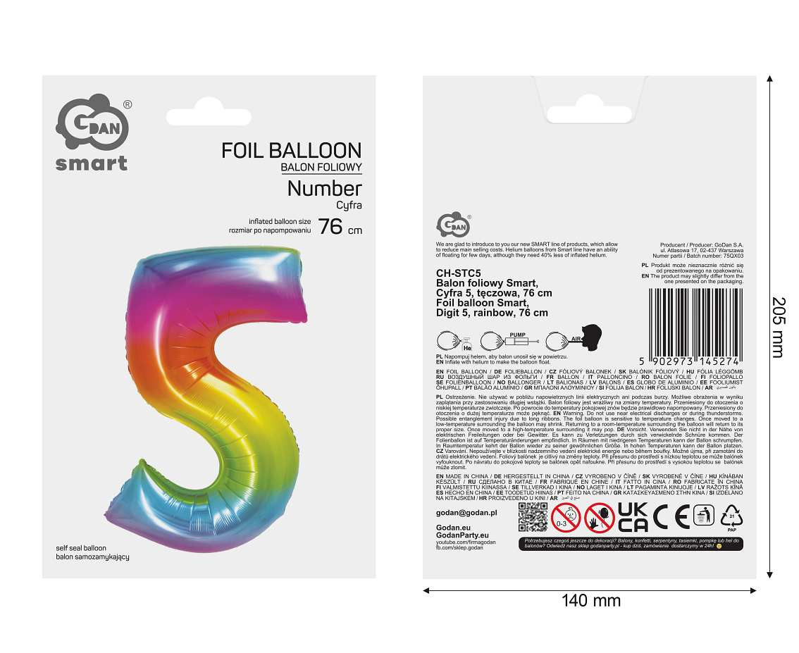 Foil balloon Smart, digit 5, rainbow, 76 cm