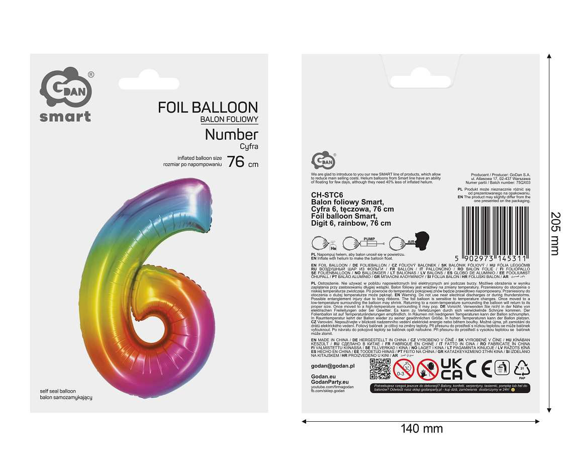 Foil balloon Smart, digit 6, rainbow, 76 cm