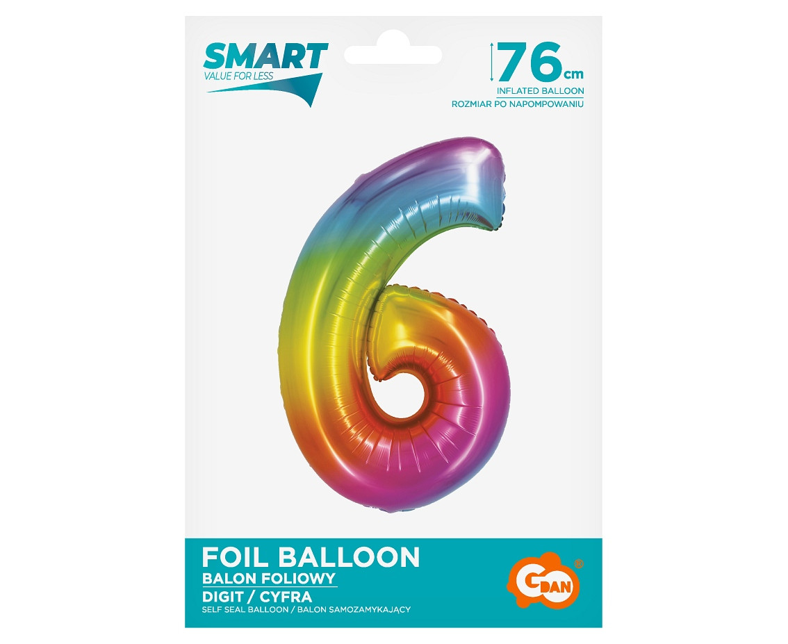 Foil balloon Smart, digit 6, rainbow, 76 cm