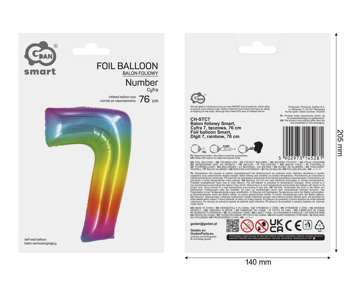 Foil balloon Smart, digit 7, rainbow, 76 cm