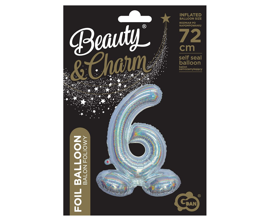 Foil balloon B&C, standing digit 6, holographic silver, 72 cm EOL