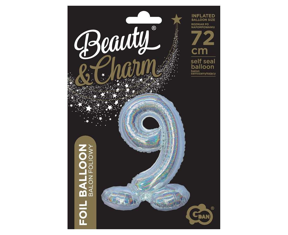Foil balloon B&C, standing digit 9, holographic silver, 72 cm EOL