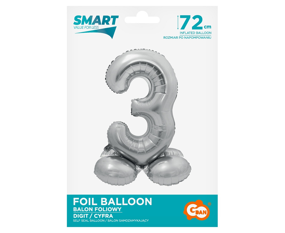 Foil balloon Smart, standing digit 3, silver, 72 cm EOL
