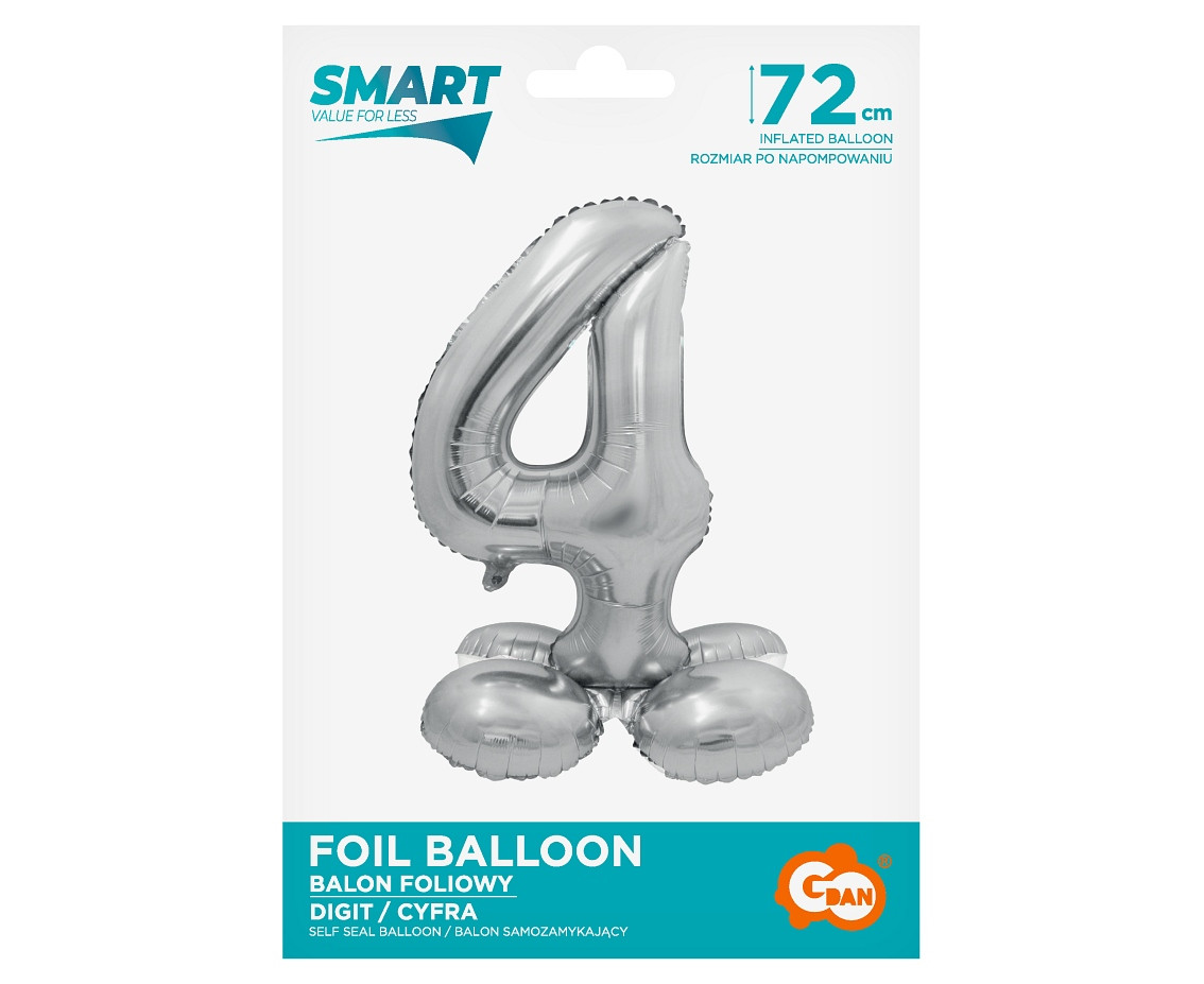 Foil balloon Smart, standing digit 4, silver, 72 cm EOL