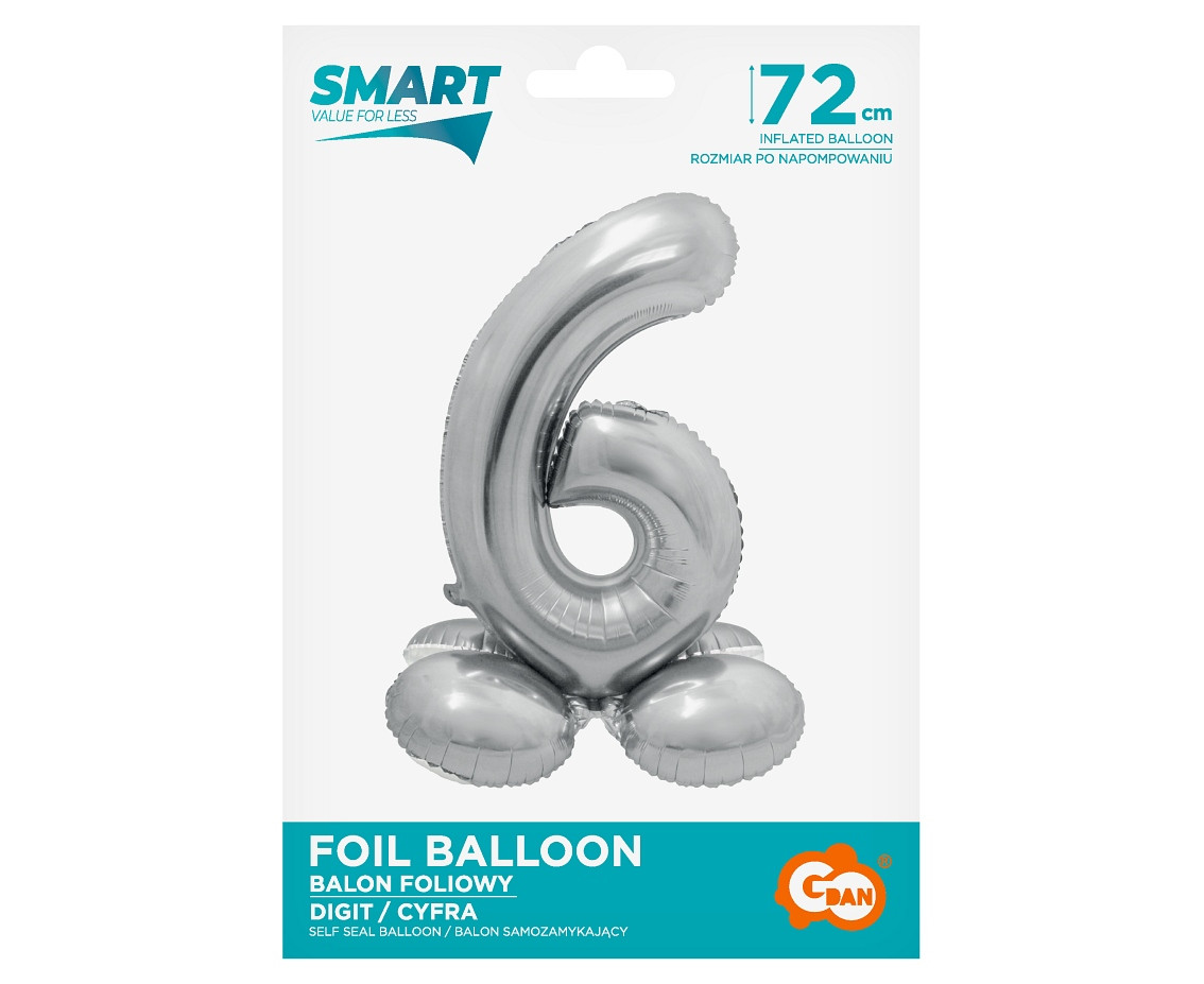 Foil balloon Smart, standing digit 6, silver, 72 cm EOL