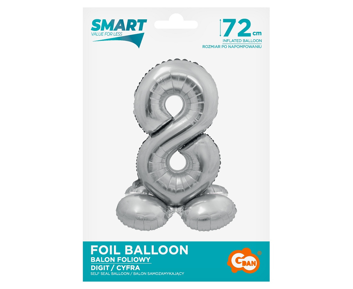 Foil balloon Smart, standing digit 8, silver, 72 cm EOL