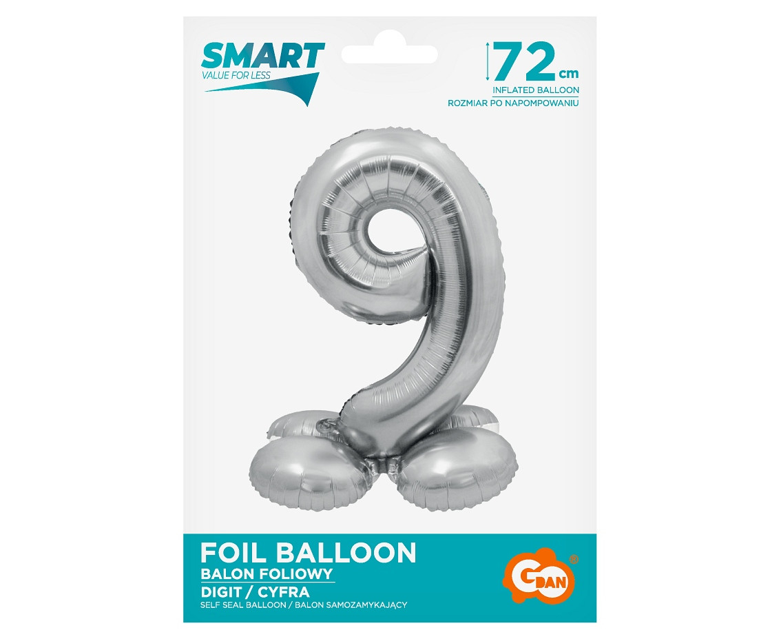 Foil balloon Smart, standing digit 9, silver, 72 cm EOL