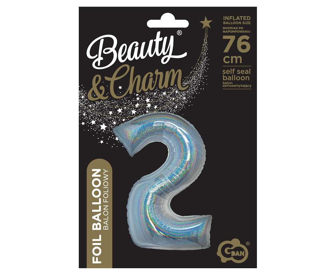 Foil balloon B&C, digit 2, holographic silver, 76 cm EOL