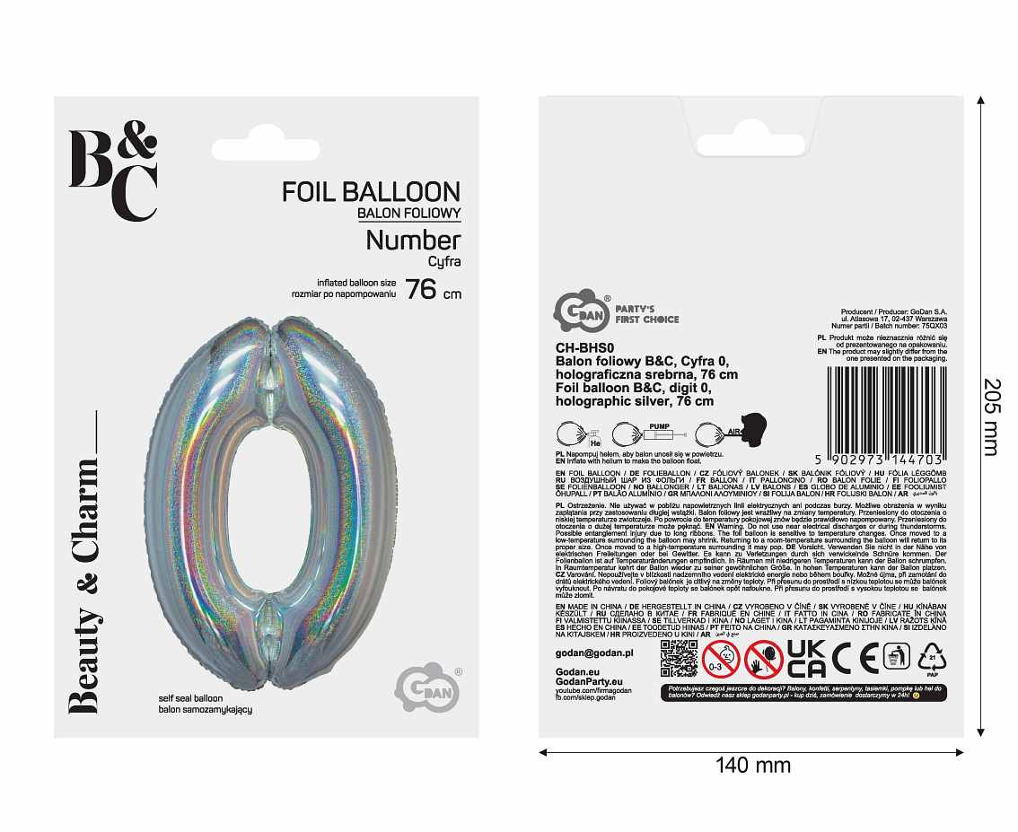 Foil balloon B&C, digit 0, holographic silver, 76 cm EOL