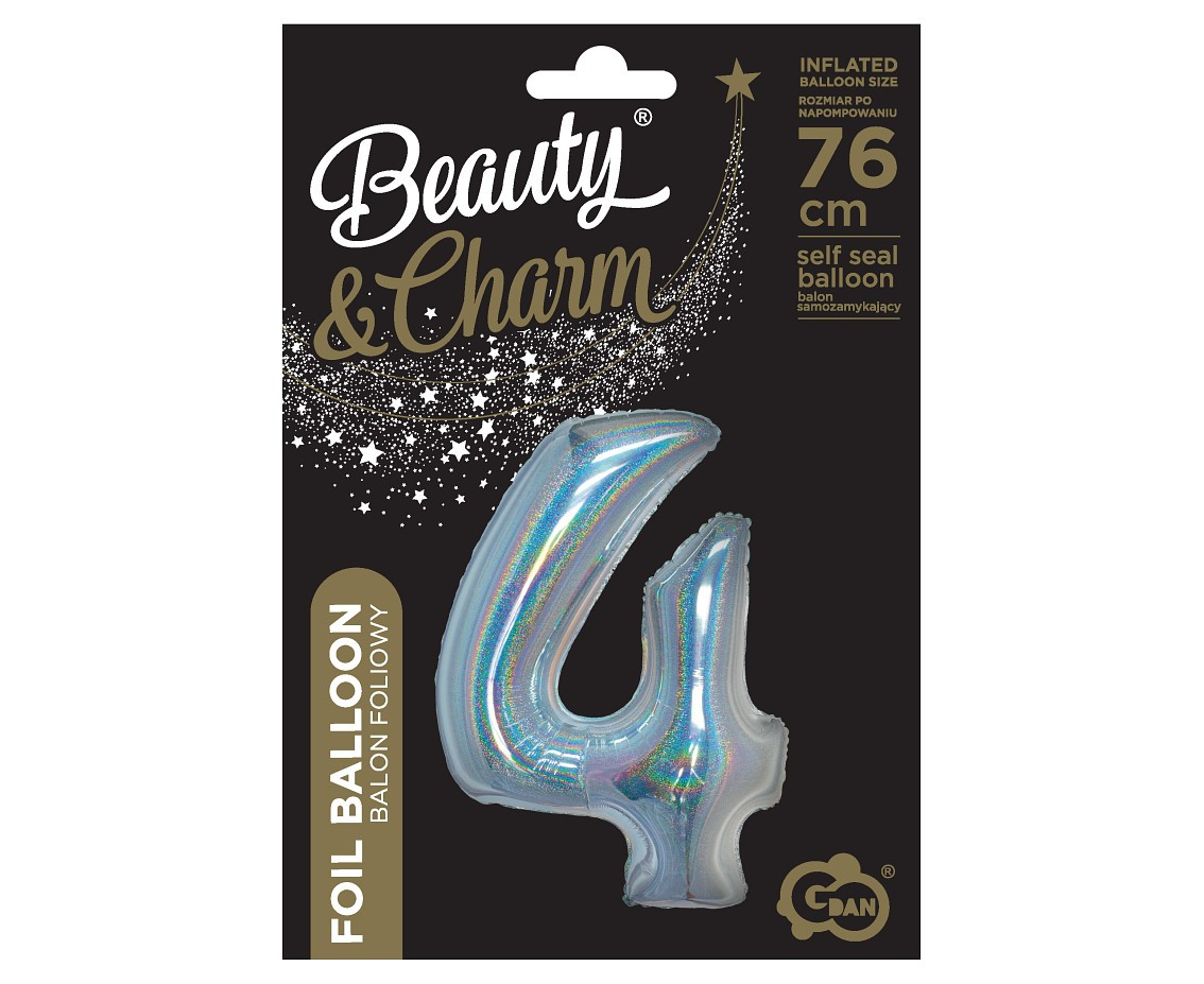 Foil balloon B&C, digit 4, holographic silver, 76 cm EOL