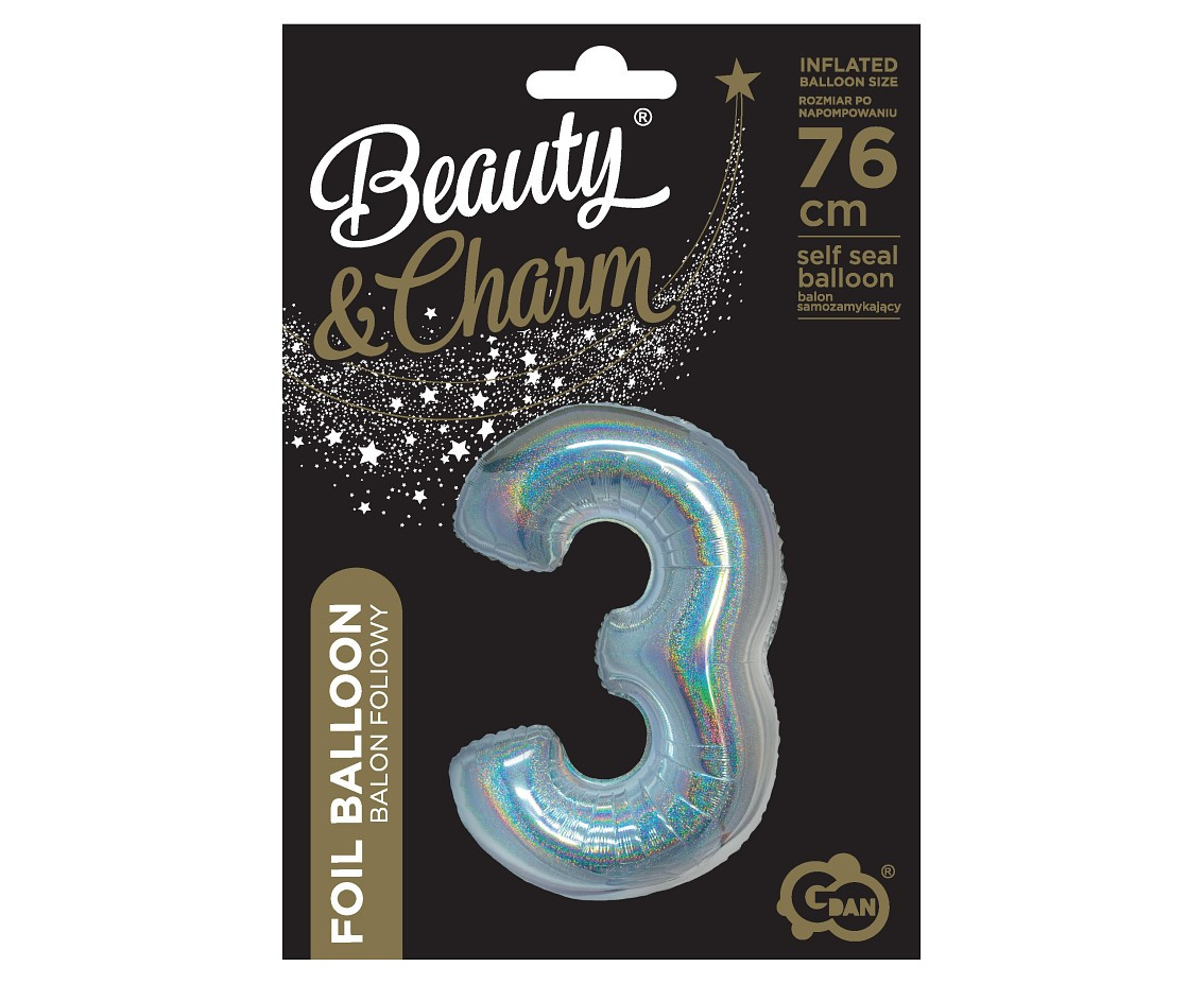 Foil balloon B&C, digit 3, holographic silver, 76 cm EOL