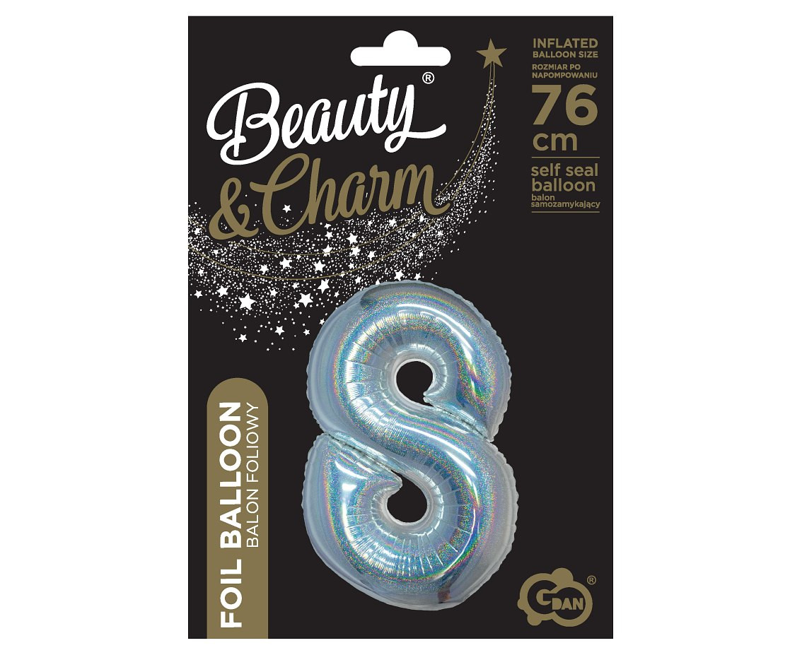 Foil balloon B&C, digit 8, holographic silver, 76 cm EOL