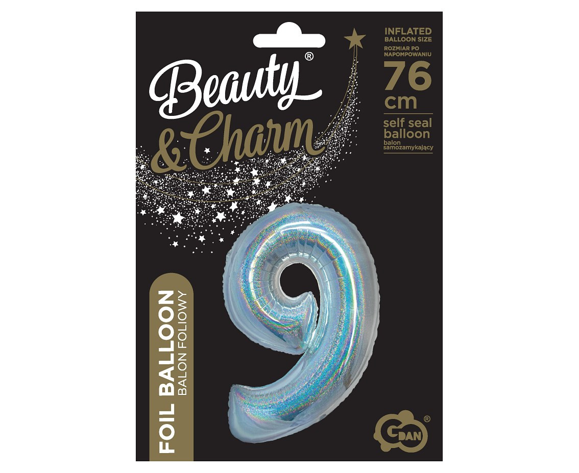 Foil balloon B&C, digit 9, holographic silver, 76 cm EOL