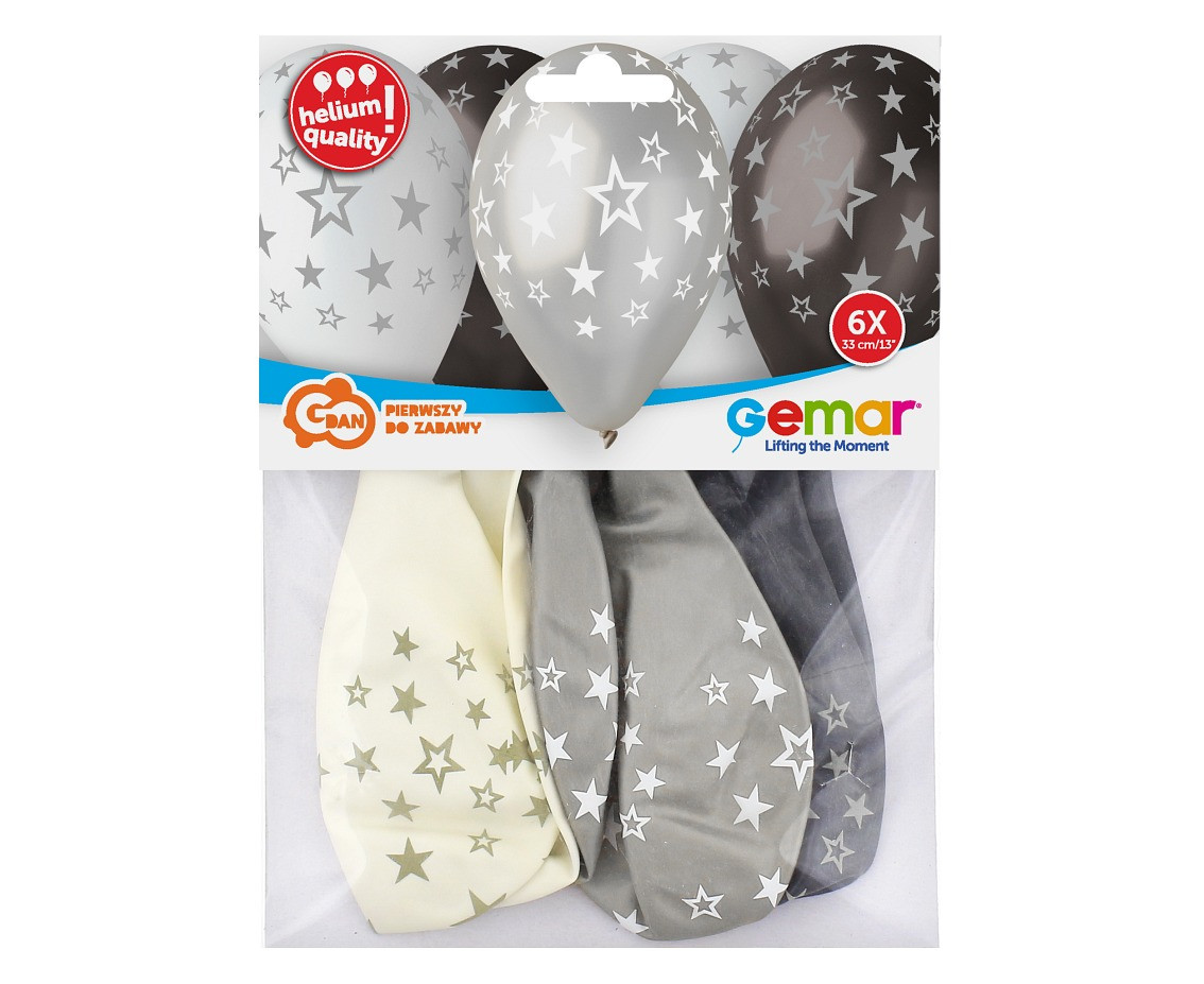 Balloons Gemar 13", premium helium stars silver, metallic, 6pcs