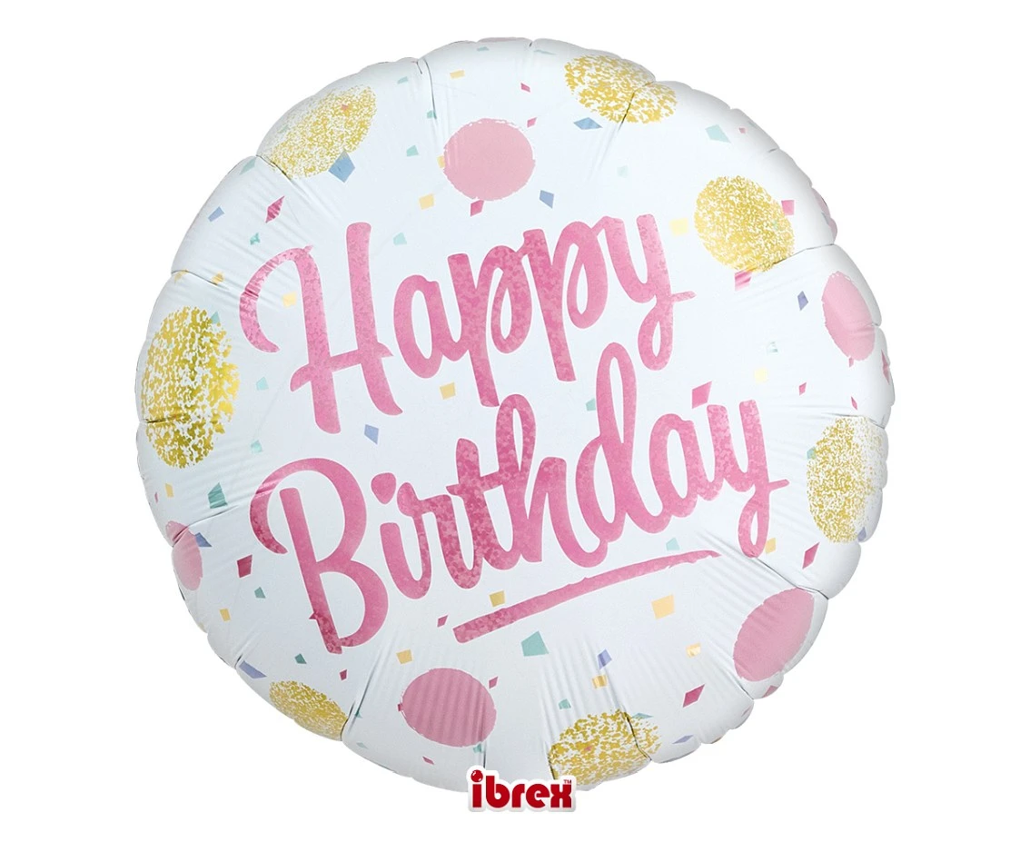 Ibrex helium balloon, Round 14", Happy Birthday Gold & Pink, packed