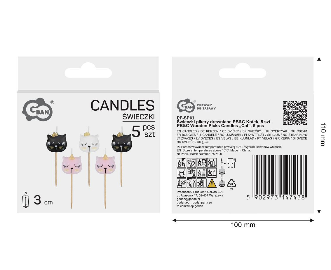 Wooden pick candles PB&C Cat, total length 7 cm, 5 pcs.