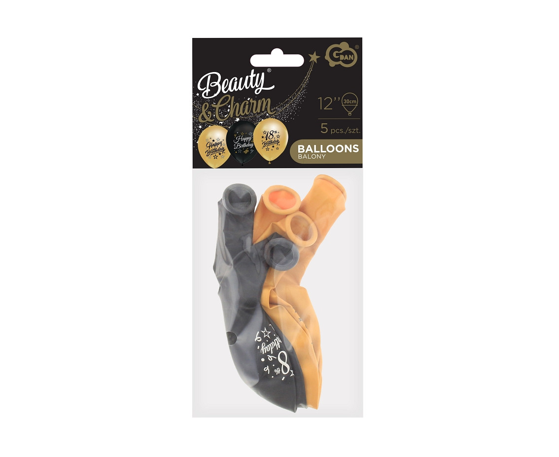 Balloons B&C 12",  18th birthday, gold and black, 5pcs