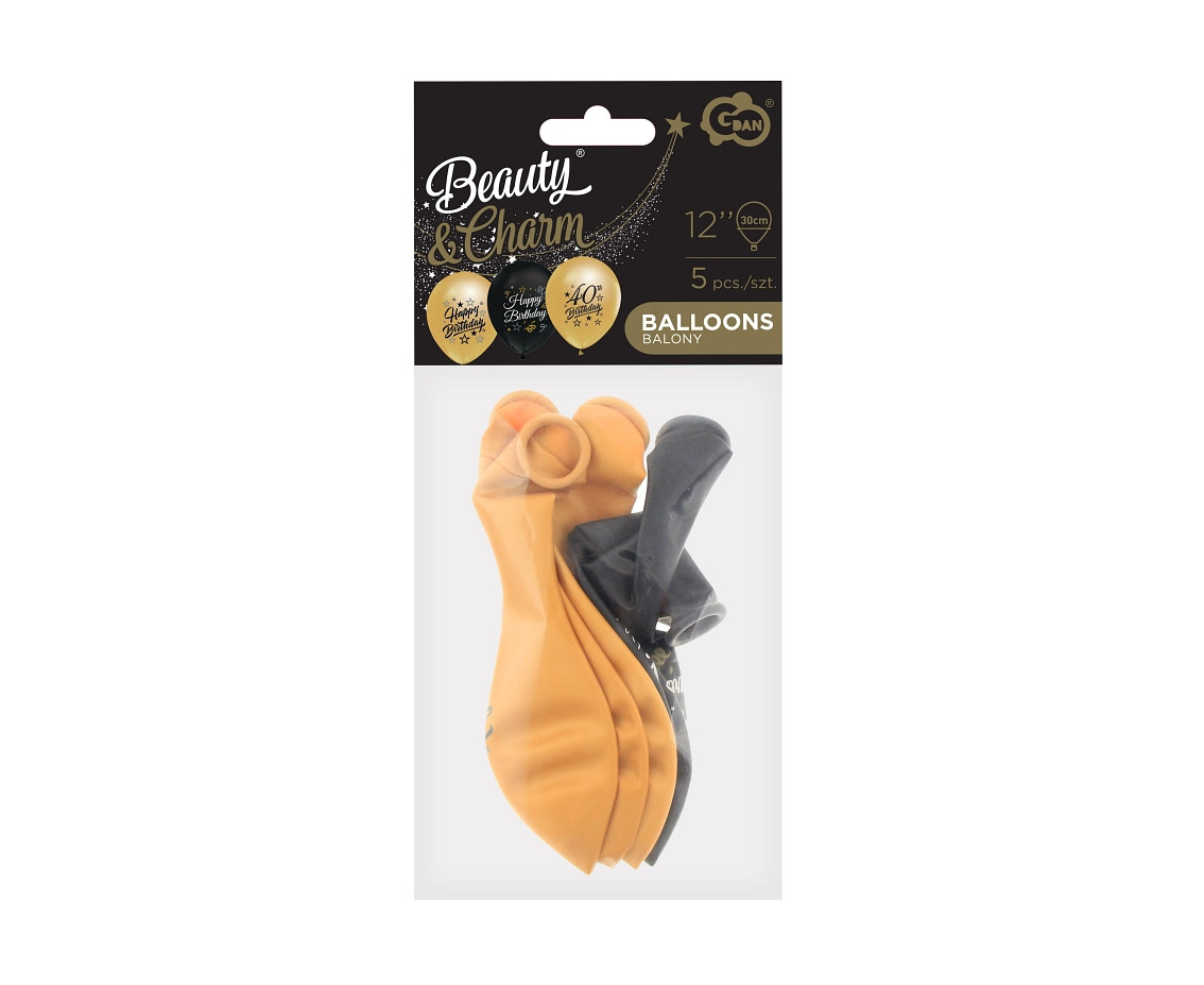Balloons B&C 12", 40th birthday, gold and black, 5pcs