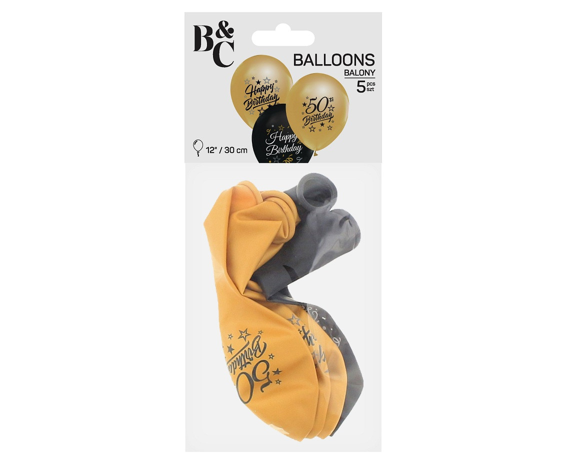 Balloons B&C 12",  50th birthday, gold and black, 5pcs