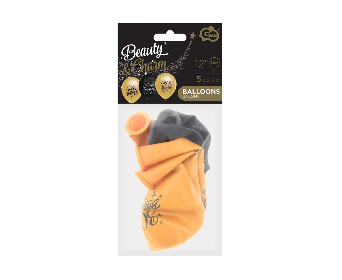 Balloons B&C 12",  30th birthday, gold and black, 5pcs