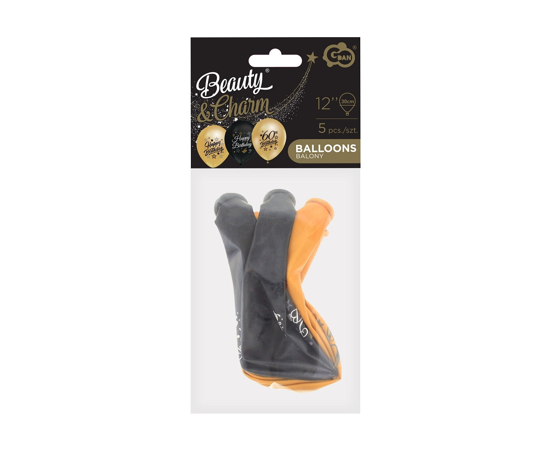 Balloons B&C 12", 60th birthday, gold and black, 5pcs