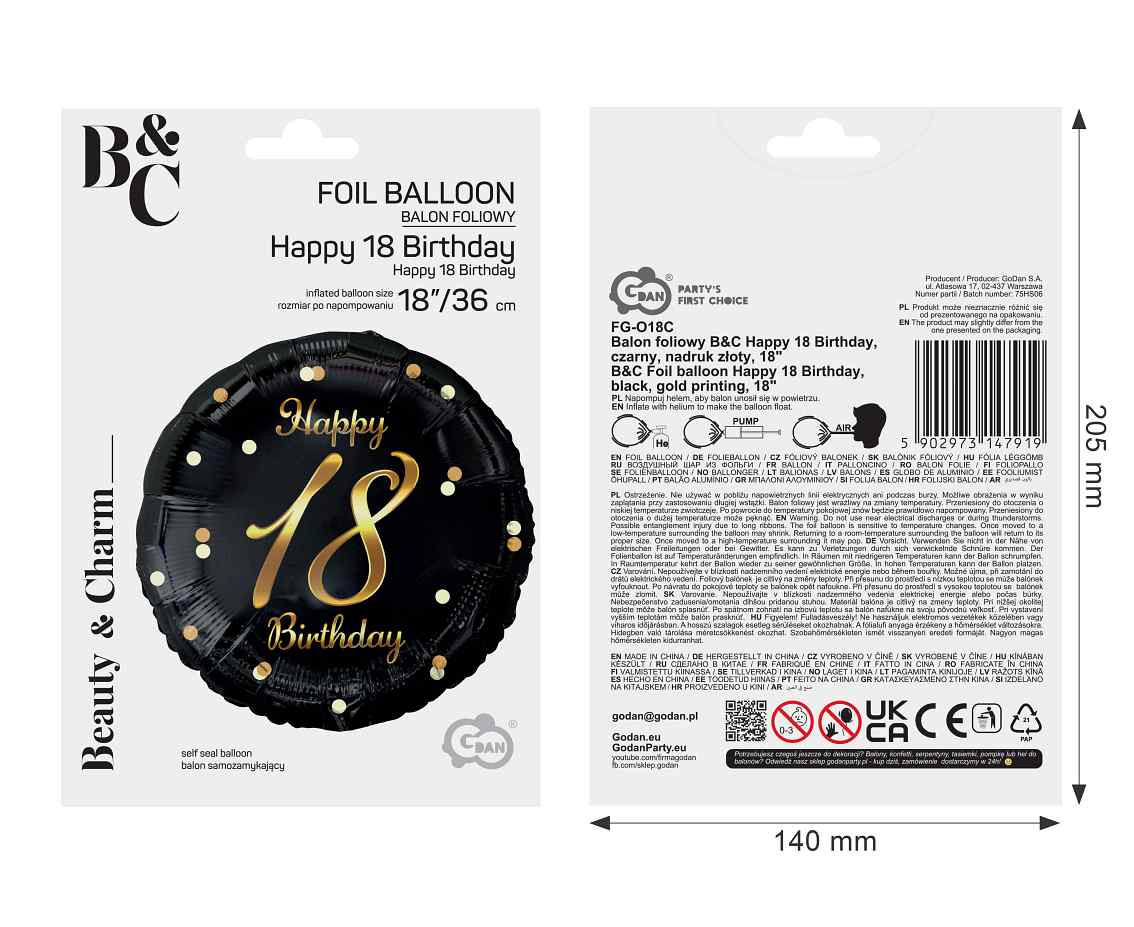 Foil balloon Happy 18 Birthday, black, gold printing, 18"