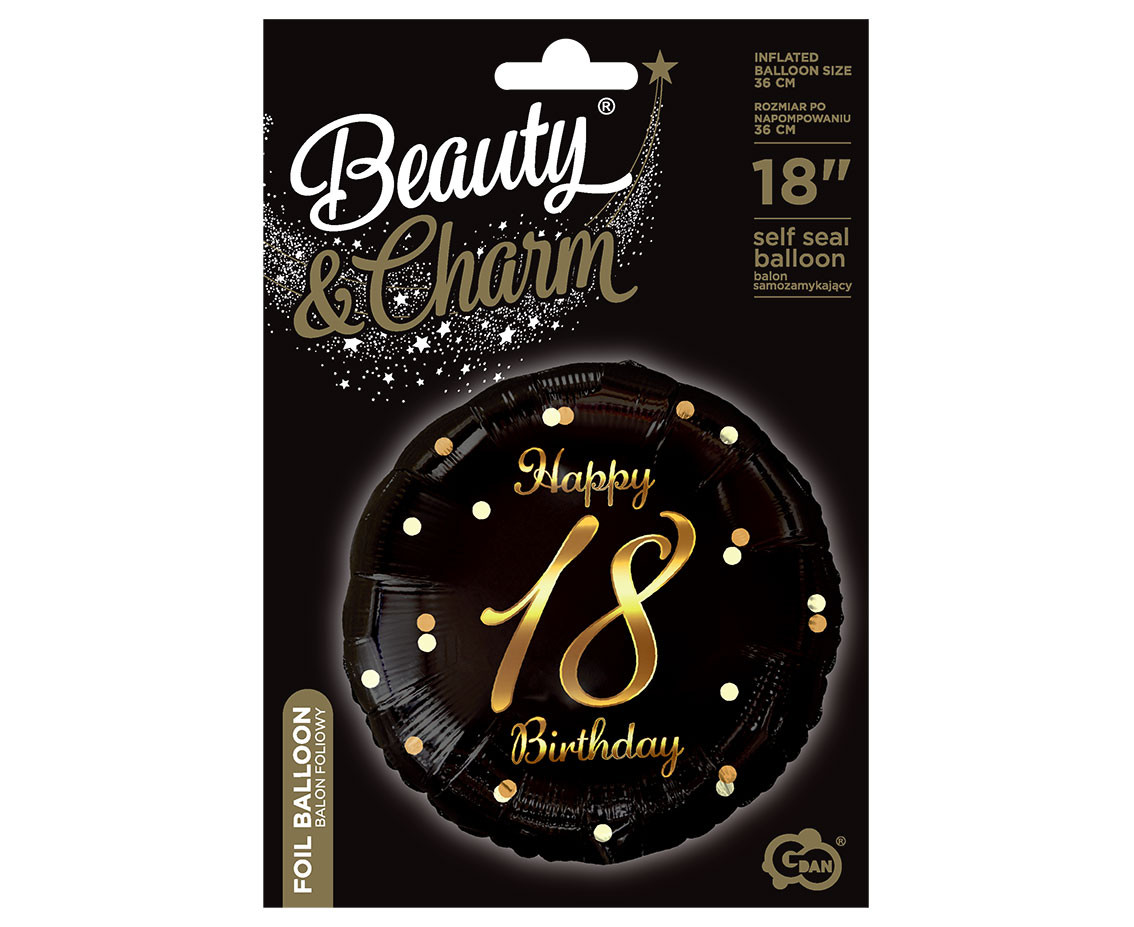 Foil balloon Happy 18 Birthday, black, gold printing, 18"