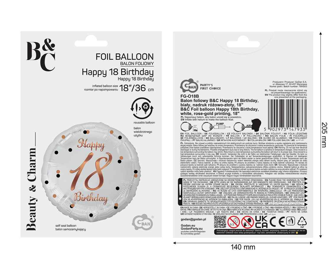 Foil balloon Happy 18 Birthday, white, rosegold printing, 18"