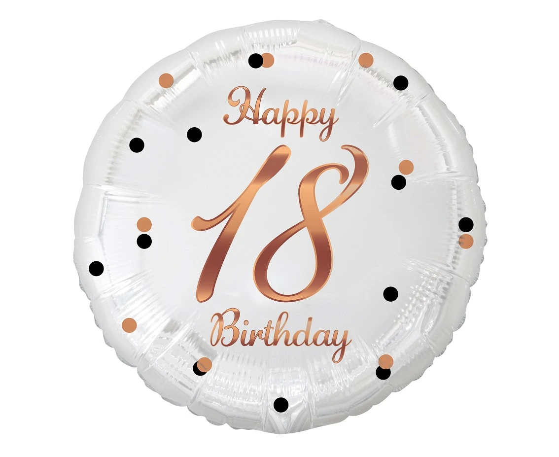 Foil balloon Happy 18 Birthday, white, rosegold printing, 18"