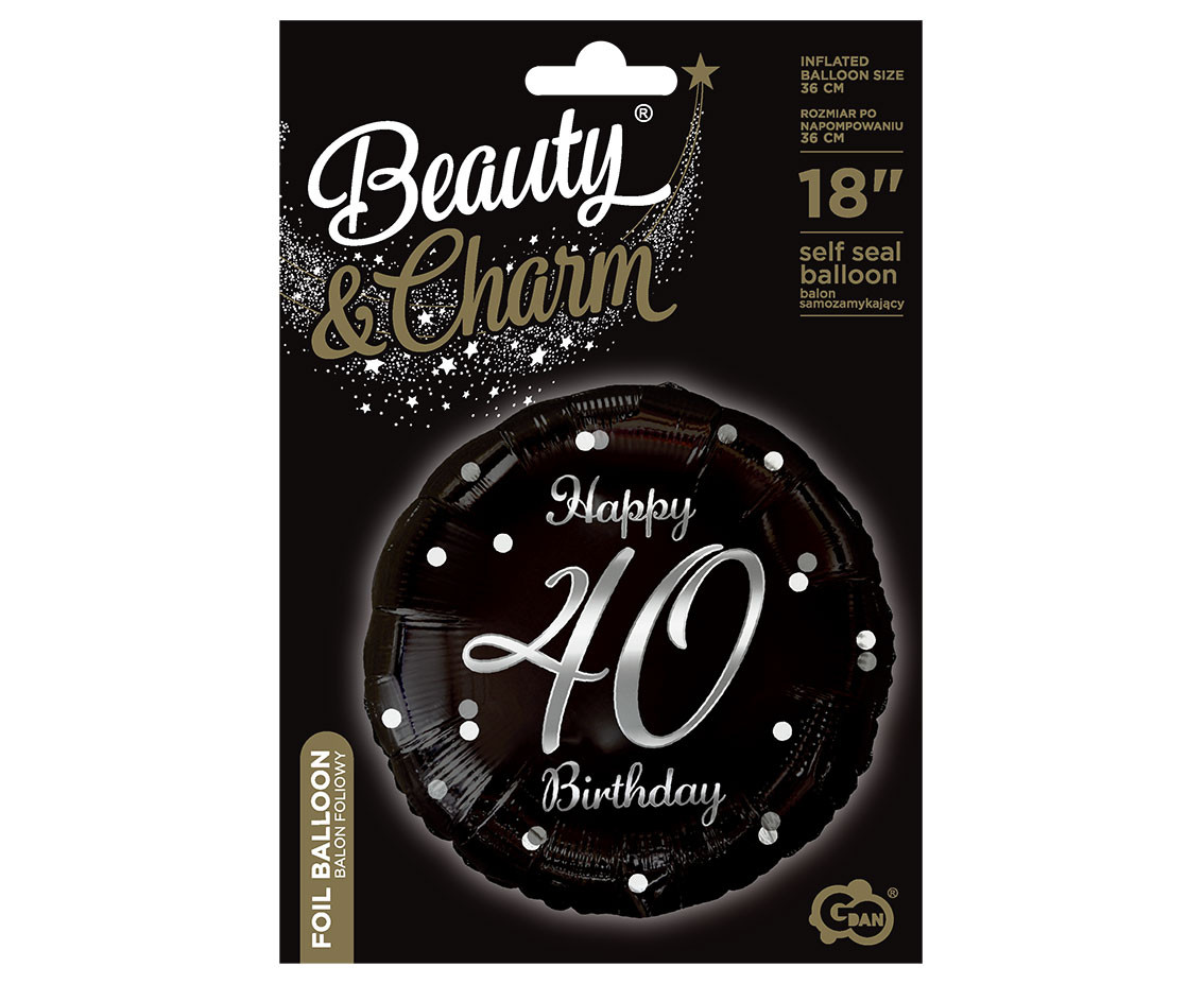 Foil balloon Happy 40 Birthday, black, silver printing, 18"