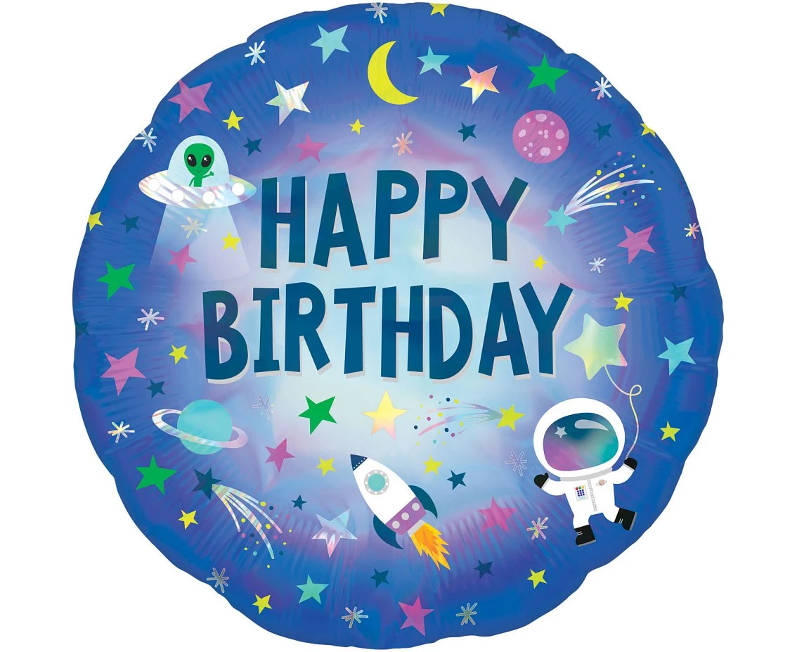 Standard Holographicgraphic Happy Birthday Outer Space Foil Balloon S55 packaged EOL