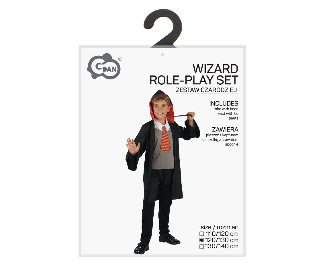 Wizard role-play set for kids (robe with hood, vest with tie, pants), size 120/130 cm