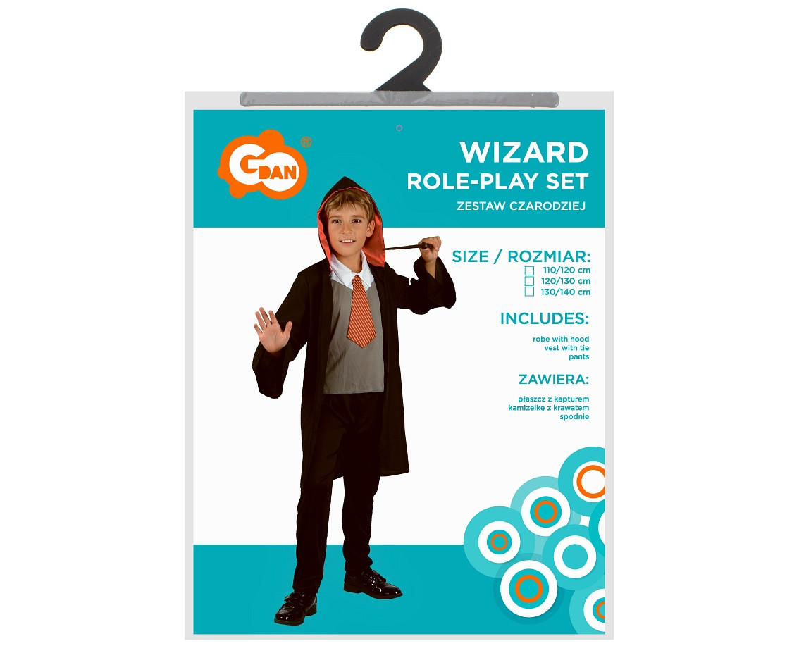 Wizard role-play set for kids (robe with hood, vest with tie, pants), size 120/130 cm