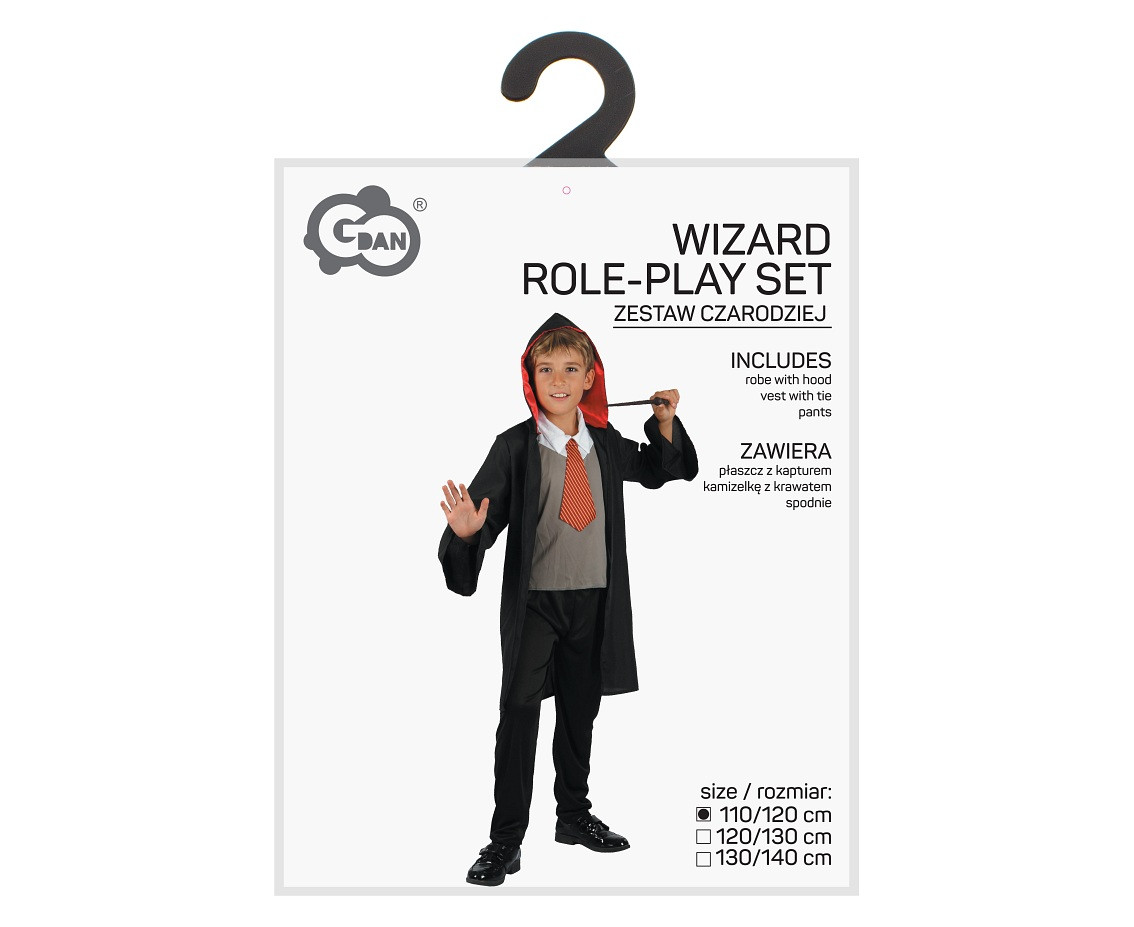Wizard role-play set for kids (robe with hood, vest with tie, pants), size 110/120 cm